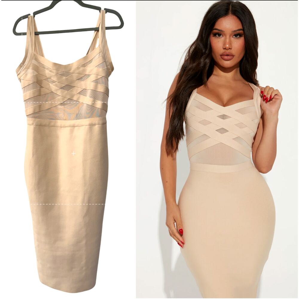 Fashion Nova L Bandage Midi Dress Sheer Bodycon Sexy Nude Cream Cassidy NWT!